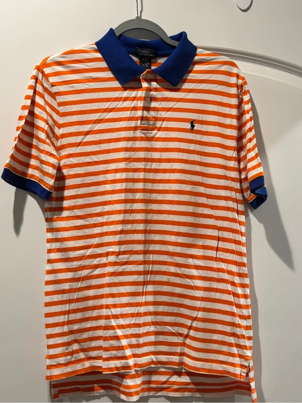 Ralph Lauren Orange & White Striped Polo with Blue Collar - Picture 1 of 4